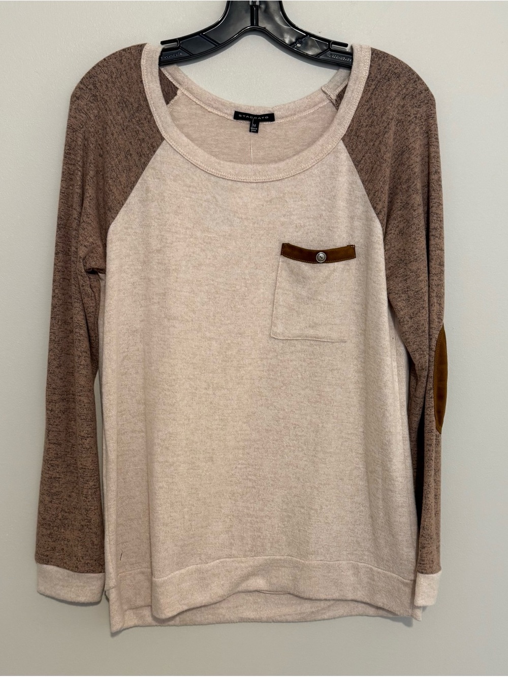 Staccato Colorblock Raglan Sweater Top Faux Suede Elbow Patches Pocket M